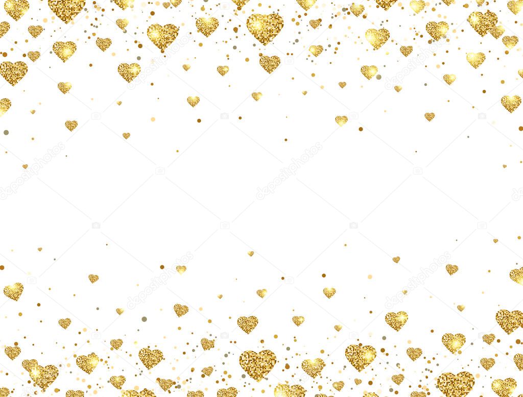 Gold glitter heart confetti frame on white background. Bright glitter particles for luxury greeting card. Sparkling texture. Valentines day design. Star dust. Vector illustration.