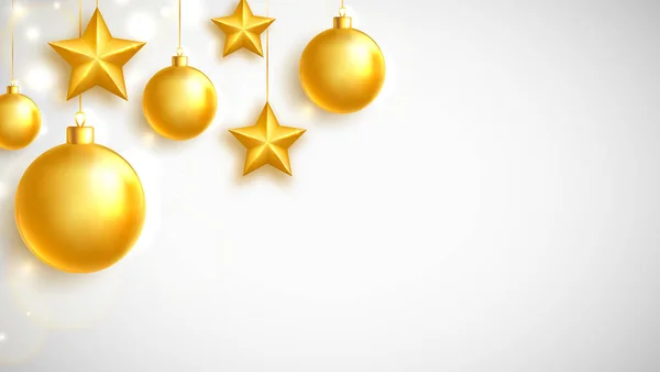 Bolas Oro Navidad Guirnalda Estrellas Bandera Blanca Juguetes Navidad Vidrio — Vector de stock