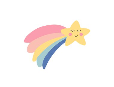 El çizimi yıldız. Tatlı çocuk yuvası ikonu. Bebek partisi. Duvar kağıdı, kumaş, ambalaj ve giysi için güzel bir çizgi film yıldızı. Vektör illüstrasyonu.