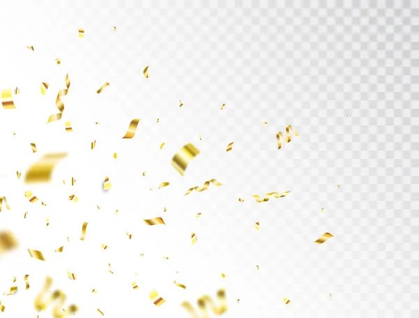 Золотые конфетти брызги на прозрачном фоне. Падающая золотая рамка для конфетти. Яркая праздничная мишура. Фон для вечеринки. Элементы праздничного дизайна для веб-баннера, плаката, флаера. Векторная иллюстрация — стоковый вектор