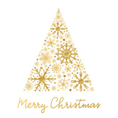 Işıltılı altın kar taneleri ve kar toplarıyla Noel ağacı. İçinde Noel ağacı ve el yazısı olan tebrik kartı. Lüks tatil süsü. Kış tasarım elementleri Vektör illüstrasyonu