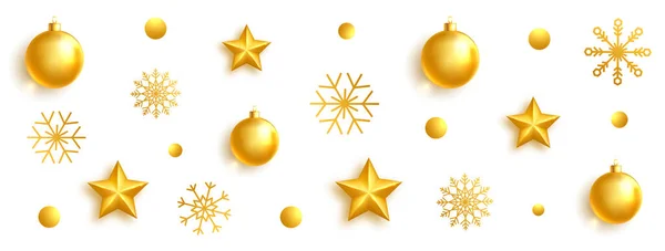 Weihnachtliches Banner mit goldenen Kugeln, Sternen und Schneeflocken. Realistisches goldenes Weihnachtsspielzeug aus Glas auf weißem Hintergrund. Helle Weihnachtsdekoration. Festlich glitzernde Designelemente. Vektorillustration — Stockvektor