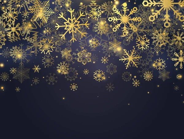 Bannière de Noël avec paillettes d'or flocons de neige, lumières et étoiles. Carte de luxe avec particules tombantes et flocons de neige scintillants. Fond de célébration. Illustration vectorielle — Image vectorielle