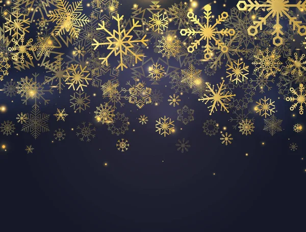 Parlak altın kar taneleri, parıldayan ışıklar ve yıldızlı Noel afişi. Düşen parçacıklar ve ışıl ışıl kar taneleri olan lüks bir kart. Kutlama geçmişi. Vektör İllüstrasyonu