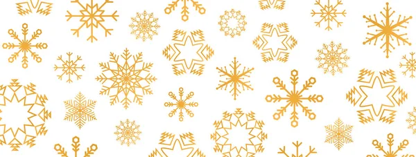 Banner largo de celebración con copos de nieve de oro. Fondo de Navidad y Año Nuevo. Borde de copo de nieve dorado con diferentes adornos. Tarjeta de vacaciones de lujo. Ilustración vectorial — Vector de stock