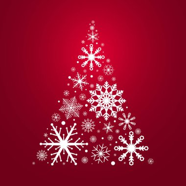 Beyaz kar taneleri ve kırmızı zemin üzerinde kar topları olan Noel ağacı. Lüks tatil süsü. İçinde Noel ağacı olan tebrik kartı. Kış tasarım elementleri Vektör illüstrasyonu