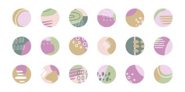 Işıklandırma ayarlandı. Organik şekiller, sosyal medya hikayeleri için tasarım unsurları. Eşsiz el yuvarlak şablonlar çizdi. Blogcular için pastel renkli moda kapağı. Vektör illüstrasyonu