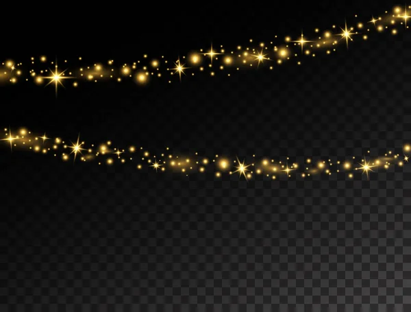 Guirnalda dorada de lujo con destellos y estrellas. Luces brillantes de Navidad. Decoración navideña con estrella brillante y brillo. Elementos de diseño de fiesta para tarjetas de Navidad, pancartas, carteles. Ilustración vectorial — Vector de stock