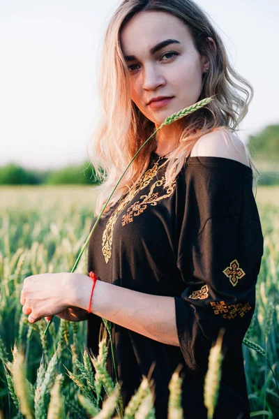 Νεαρό, λεπτό κορίτσι κεντημένο φόρεμα σε ένα μεγάλο χωράφι με σιτάρι στο ηλιοβασίλεμα — Φωτογραφία Αρχείου