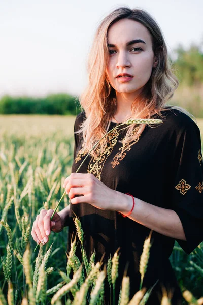 Jovem, vestido bordado menina esbelta em um grande campo de trigo ao pôr do sol — Fotografia de Stock