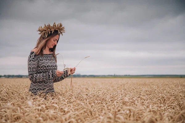 Menina bonita, esbelta em um campo de trigo contra o céu de chuva — Fotografia de Stock