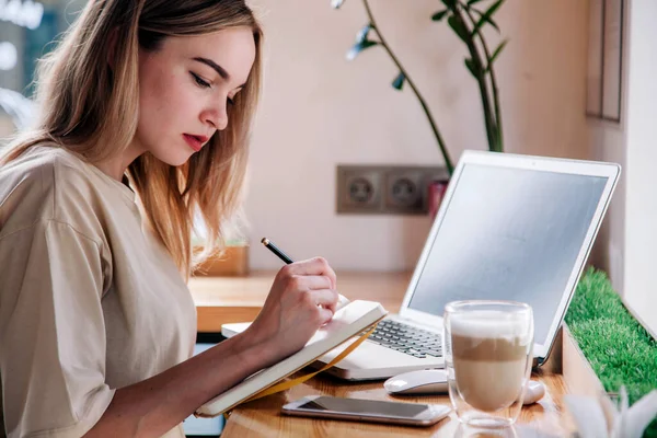 Młoda dziewczyna pracuje w laptopie w kawiarni i pije cappuccino. — Zdjęcie stockowe