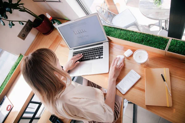 Młoda dziewczyna pracuje w laptopie w kawiarni i pije cappuccino. — Zdjęcie stockowe