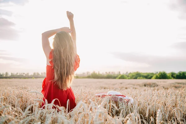 Menina bonita em vestido vermelho e chapéu listrado posando em um campo de trigo — Fotografia de Stock