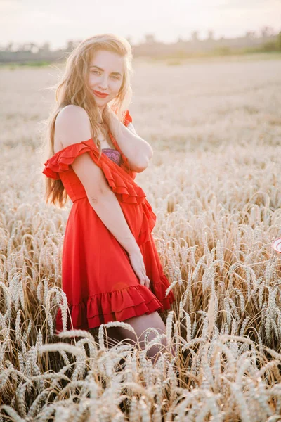 Vacker flicka i röd klänning och randig hatt poserar i ett vetefält — Stockfoto