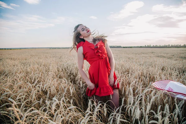 Menina bonita em vestido vermelho e chapéu listrado posando em um campo de trigo — Fotografia de Stock