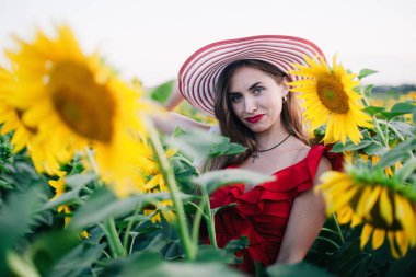 Kırmızı elbiseli, ince, genç bir kız ayçiçeği tarlasında poz veriyor.