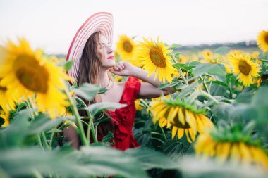Kırmızı elbiseli, ince, genç bir kız ayçiçeği tarlasında poz veriyor.