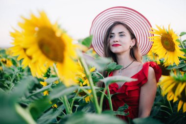 Kırmızı elbiseli, ince, genç bir kız ayçiçeği tarlasında poz veriyor.