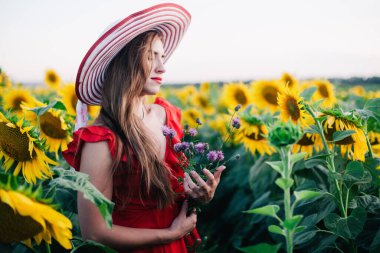 Kırmızı elbiseli, ince, genç bir kız ayçiçeği tarlasında poz veriyor.