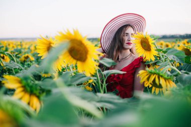 Kırmızı elbiseli, ince, genç bir kız ayçiçeği tarlasında poz veriyor.