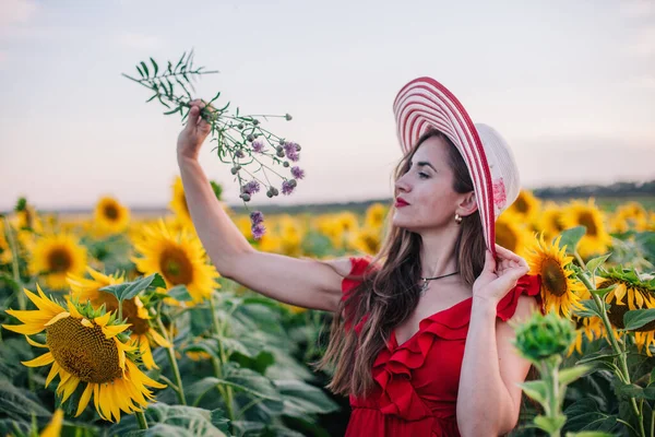 Una joven esbelta con un vestido rojo posa en un campo de girasoles — Foto de Stock