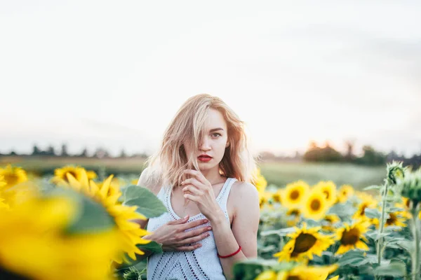 Jovem, menina esbelta em uma camiseta branca posa ao pôr do sol em um campo de girassóis — Fotografia de Stock