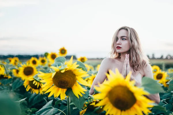 Joven, esbelta chica en topless posa al atardecer en un campo de girasoles — Foto de Stock