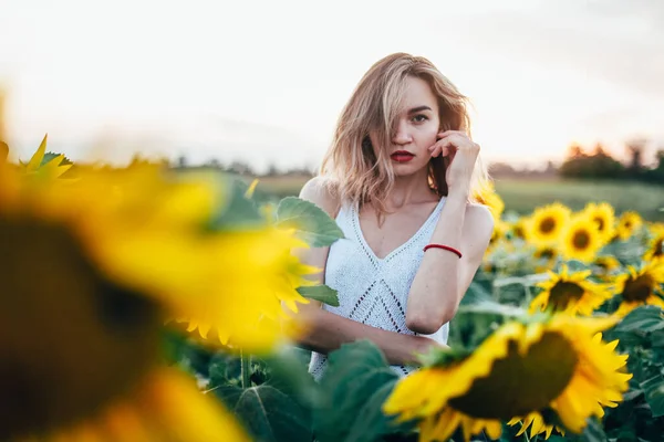 Chica joven y delgada con una camiseta blanca posa al atardecer en un campo de girasoles —  Fotos de Stock