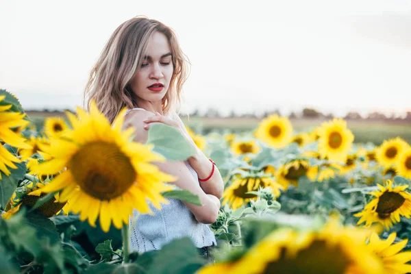 Chica joven y delgada con una camiseta blanca posa al atardecer en un campo de girasoles —  Fotos de Stock