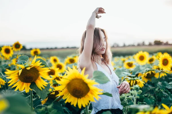 Chica joven y delgada con una camiseta blanca posa al atardecer en un campo de girasoles —  Fotos de Stock