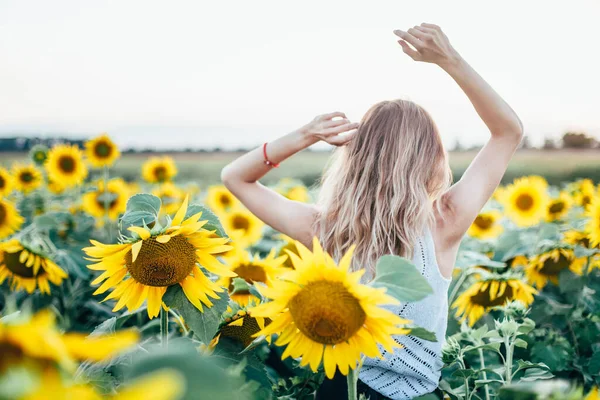 Jovem, menina esbelta em uma camiseta branca posa ao pôr do sol em um campo de girassóis — Fotografia de Stock