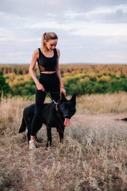 Gün batımında genç ve narin bir kız çoban köpeğiyle oynuyor.