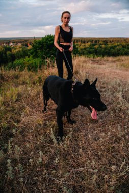 Gün batımında genç ve narin bir kız çoban köpeğiyle oynuyor.