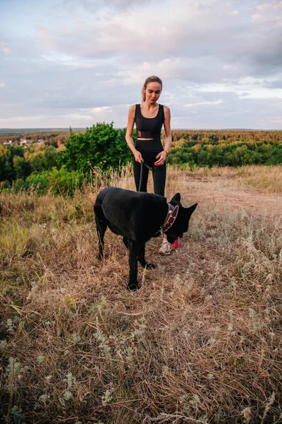 Gün batımında genç ve narin bir kız çoban köpeğiyle oynuyor.