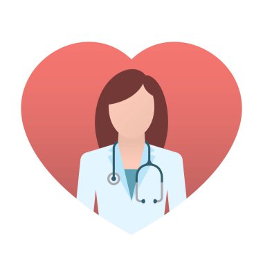 Vektör kalp ikonu. Steteskoplu kadın doktor. Kahverengi saçlı. Beyaz arkaplanda izole.