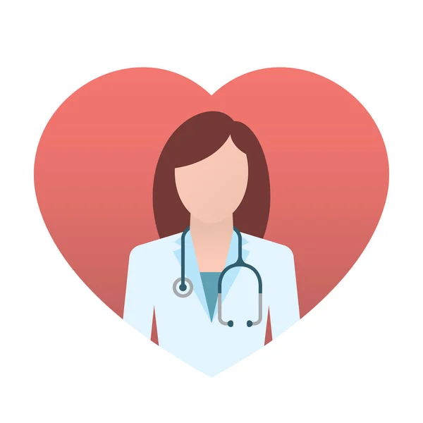 Icono Del Corazón Del Vector Doctora Con Estetoscopio Cabello Castaño — Vector de stock