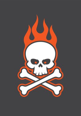 Motosiklet çetesi için çapraz kemikli kafatası yakma sembolü. Karanlık arka planda izole edilmiş..