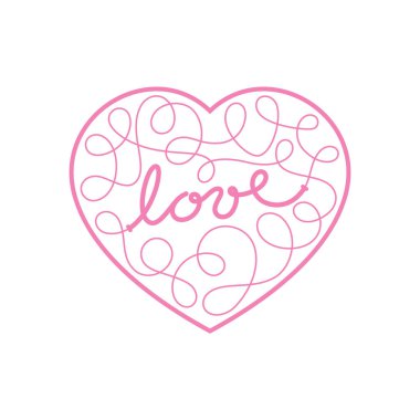 Pembe vektör hattı kıvrılmış ve bir kalple sınırlanmış yazıt aşkını oluşturuyor. Beyaz bir arkaplanda izole edilmiş.