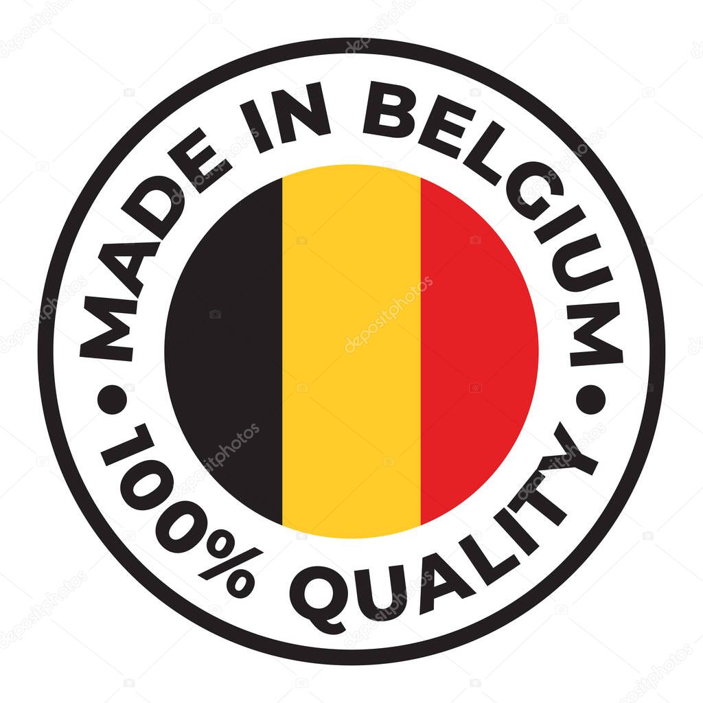 Vector circle symbol. Text Made in Belgium with flag. Isolated on white background.