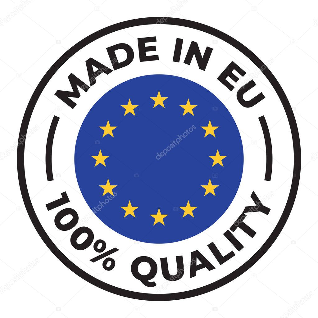 Vector circle symbol. Text Made in EU with flag. Isolated on white background.