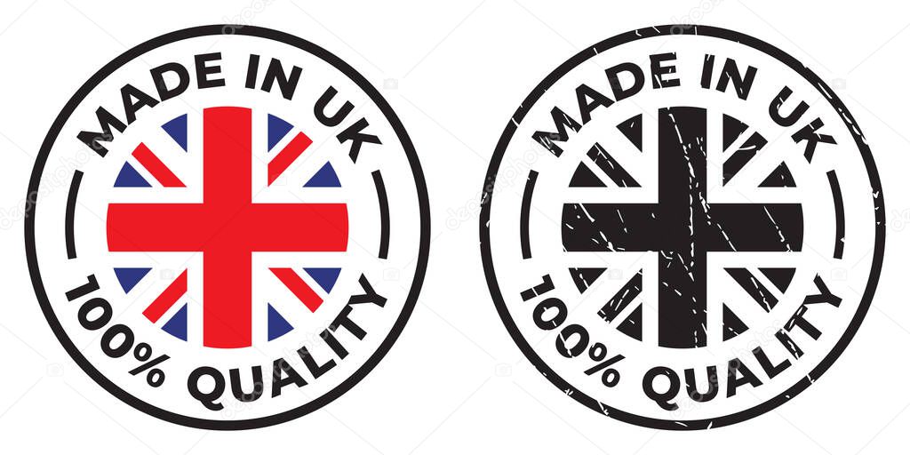 Vector circle symbol. Text Made in UK with flag. Stamp. Isolated on white background.