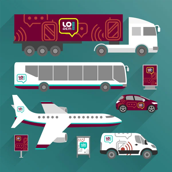 Conception Publicitaire Transport Rouge Avec Des Icônes Mobiles Communication Modèles — Image vectorielle