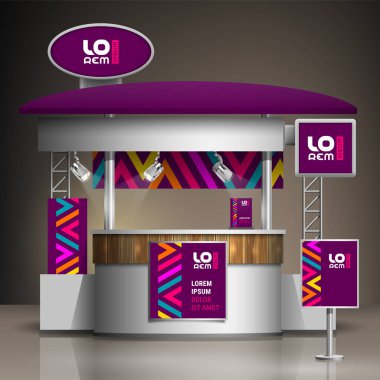 Mor Fuar stand tasarım renkli geometrik öğelerle. Booth şablonu. Kurumsal kimlik