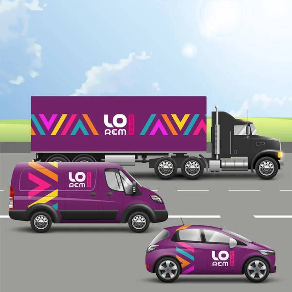 紫交通広告色の幾何学的な要素を持つデザイン トラック 乗用車の車のテンプレート コーポレート アイデンティティ — ストックベクタ