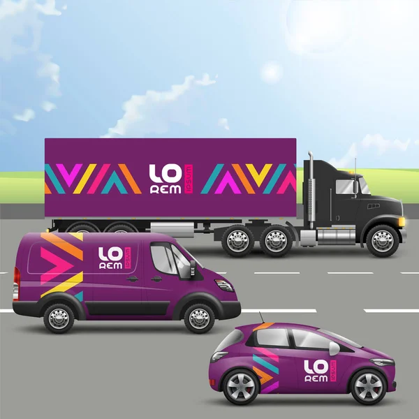 Projeto Publicidade Transporte Roxo Com Elementos Geométricos Cor Modelos Caminhão —  Vetores de Stock