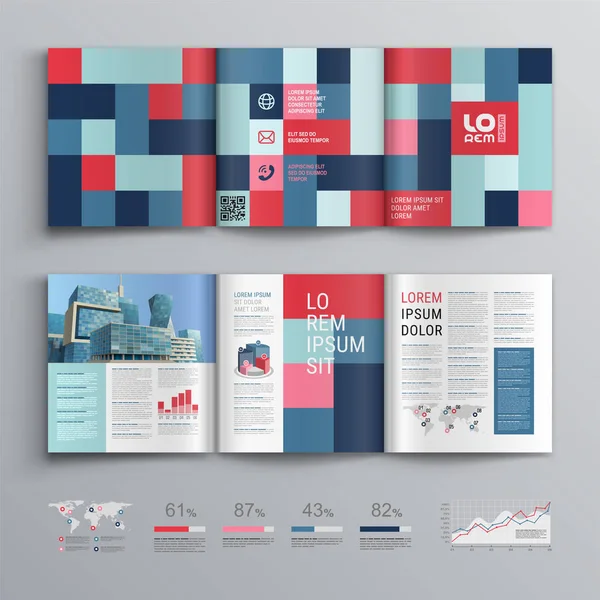 Design Der Geschäftsbroschüre Mit Farbigen Quadraten Cover Layout Und Infografiken — Stockvektor