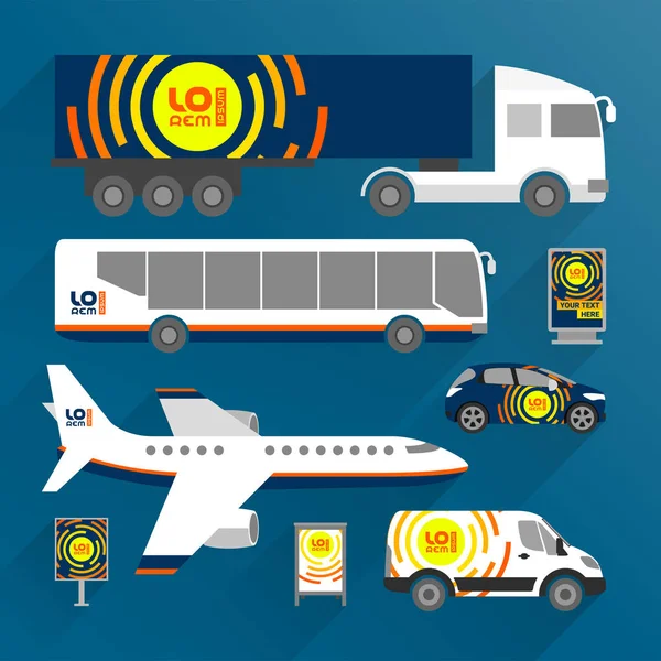 オレンジとブルーの交通広告デザインはラウンド形状です トラック 乗用車 飛行機のテンプレート コーポレート アイデンティティ — ストックベクタ