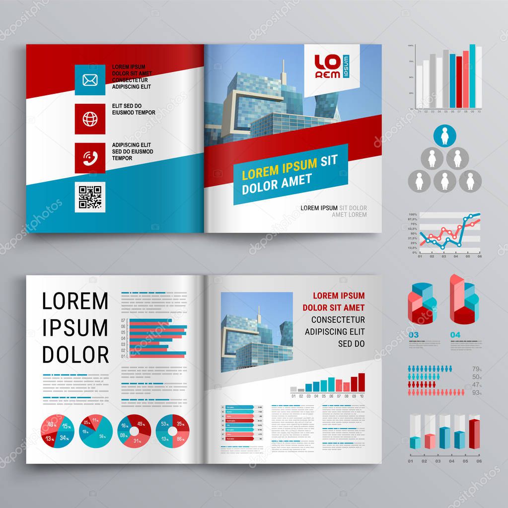 Business brochure template design with red and blue diagonal shapes. Cover layout and infographics