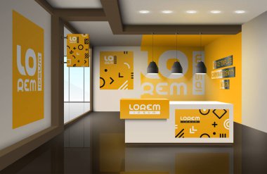Geometrik desenli Turuncu Yaratıcı ofis tasarımı. İç reklamcılık unsurları. Şirket kimliği